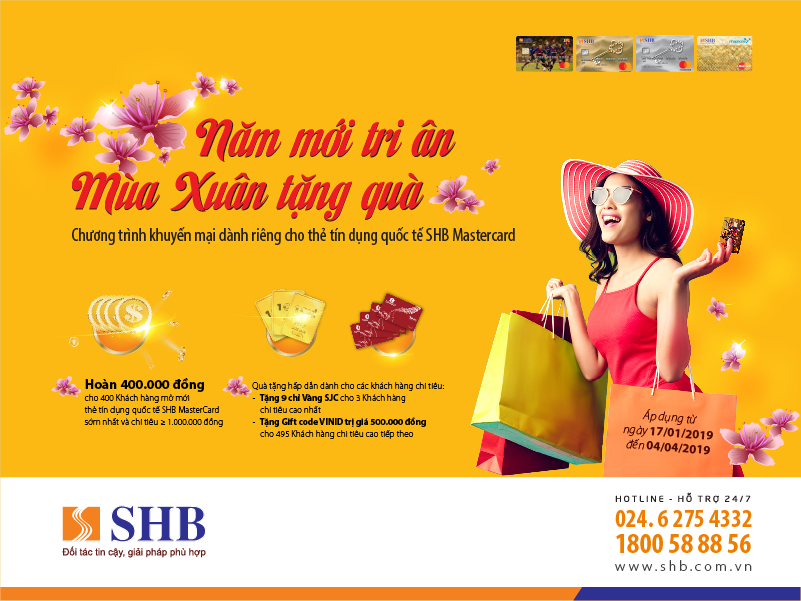 Chi tiêu thẻ tín dụng SHB Mastercard được hoàn tiền và nhận vàng SJC.