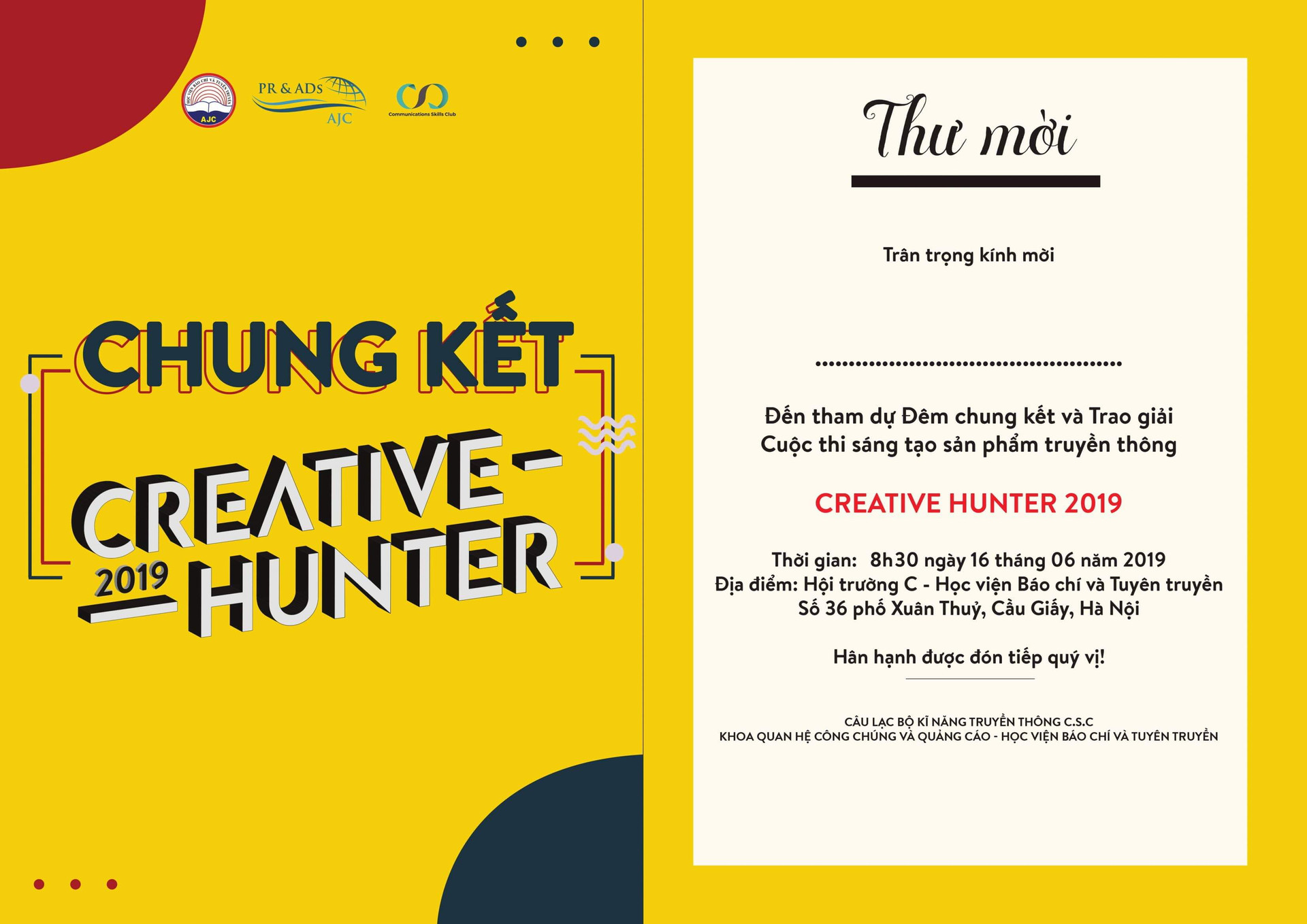 Thư mời tham dự Chung kết Cuộc thi sáng tạo Creative Hunter 2019