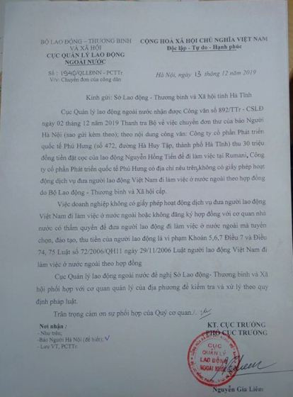 Công ty Cổ phần Phát triển Quốc tế Phú Hưng không có giấy phép XKLĐ