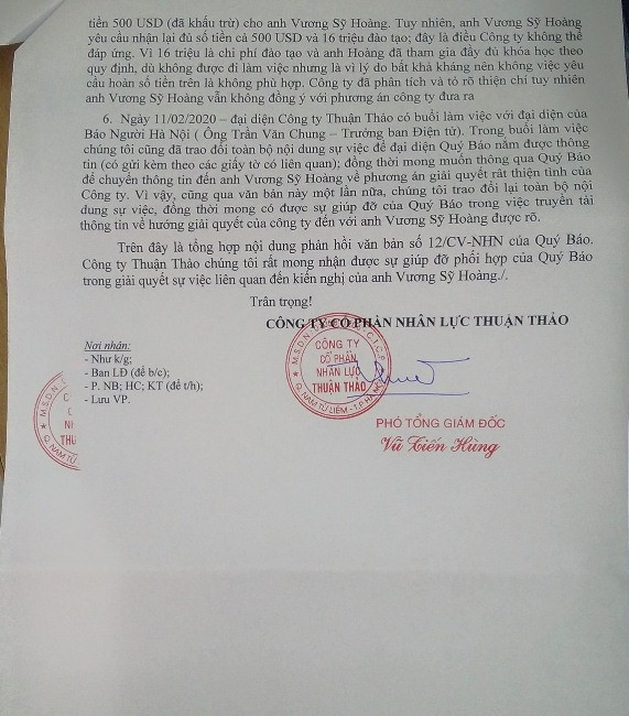Công ty XKLĐ Thuận Thảo thừa nhận thu tiền trước của người lao động 2.000 USD!