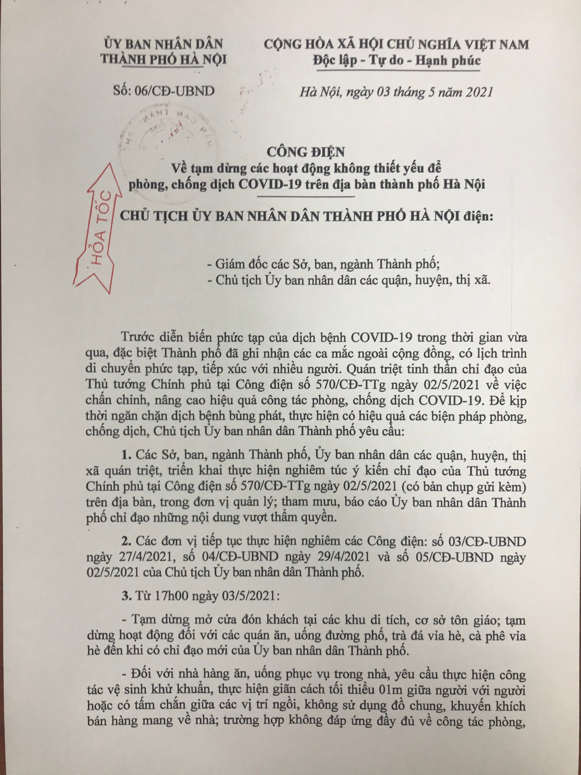 Hà Nội: Tạm dừng các hoạt động không thiết yếu để  phòng, chống dịch COVID-19