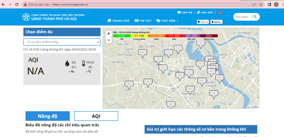 Cổng thông tin quan trắc môi trường không cập nhật được thông tin CLKK tại các trạm. Ảnh chụp màn hình tại thời điểm 10 giờ 20 ngày 9/3.