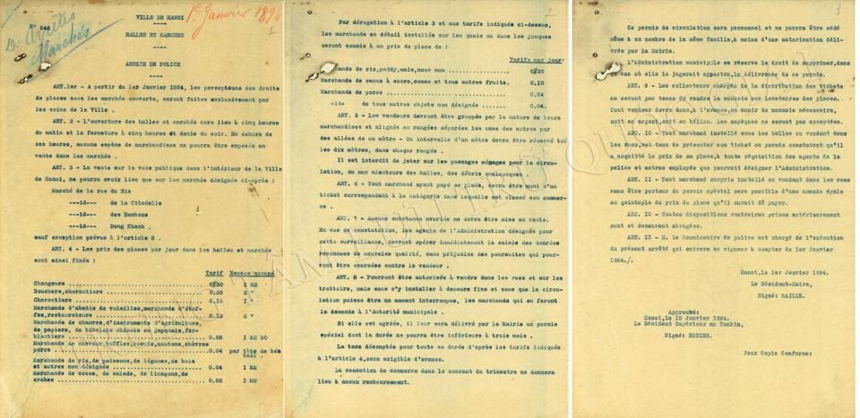 Nghị định ngày 1/1/1894 của Đốc lí Hà Nội về việc thu thuế chợ trong thành phố Hà Nội. Ảnh: TTLTQG I.
