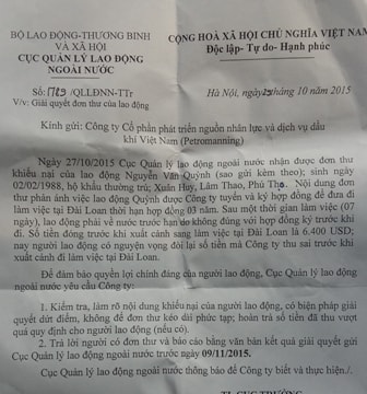 Bà i 3: Công ty Petromanning bị tố lừa lao động: Cục quản lý lao động ngoà i nước (Bộ LĐTB& XH) và o cuộc