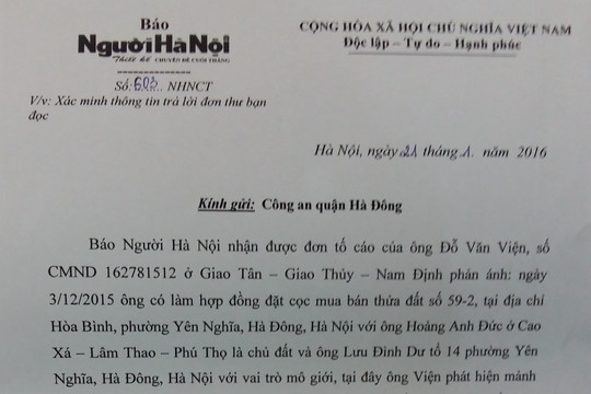 Bán đất ảo ở Yên Nghĩa, Hà  Đông, Hà  Nội: Chủ đất đã trả lại tiửn cho khách hà ng 