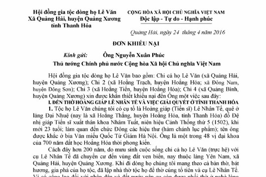 Tâm thư của Hội đồng gia tộc dòng họ Lê Văn gử­i Thủ tướng Chính phủ