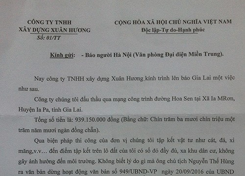 Chủ tịch UBND huyện Ia Pa: Ra công văn đình chỉ doanh nghiệp thi công vì... phản ứng của 1 doanh nghiệp khác?