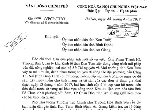 Phó Thủ tướng Thường trực Chính phủ yêu cầu UBND tỉnh Kon Tum, Bình Định, An Giang xử­ lý hà ng loạt sai phạm