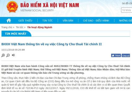 BHXH Việt Nam thông tin về vụ việc Công ty Cho thuê Tài chính II