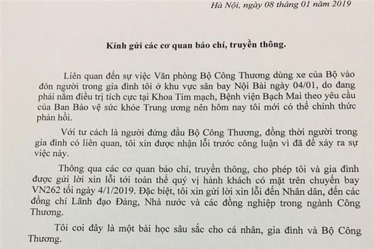 Bộ Công Thương kỷ luật 3 cán bộ, nhân viên trong vụ xe công đón vợ Bộ trưởng