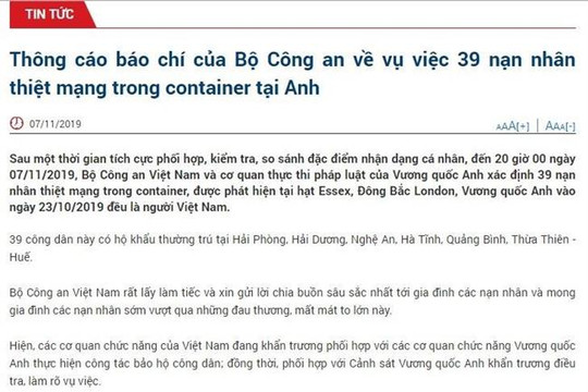 Bộ Công an: 39 nạn nhân thiệt mạng trong container ở Anh đều là người Việt Nam