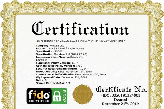 VINGROUP là 1 trong 34 công ty đạt xác thực bảo mật FIDO2 toàn cầu