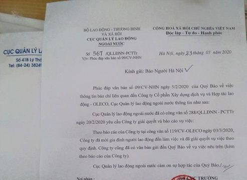 Cục Quản lý lao động Ngoài nước phản hồi báo Người Hà Nội về vụ Công ty XKLĐ Oleco