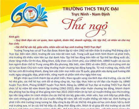 Thư ngỏ nhân Lễ Kỷ niệm 60 năm thành lập Trường THCS Trực Đại- Trực Ninh (Nam Định)