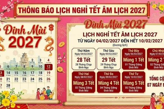 Lịch nghỉ Tết Nguyên đán Đinh Mùi và lễ Quốc khánh năm 2027