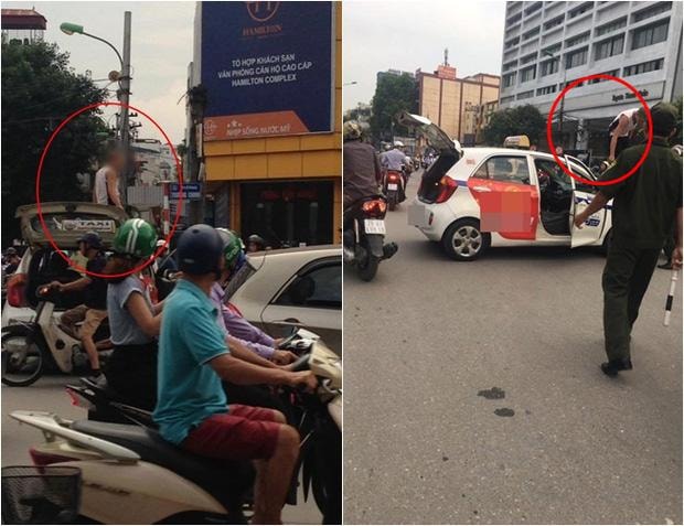 Bị CSGT nhắc nhở, tài xế taxi leo lên nóc xe "ăn vạ"