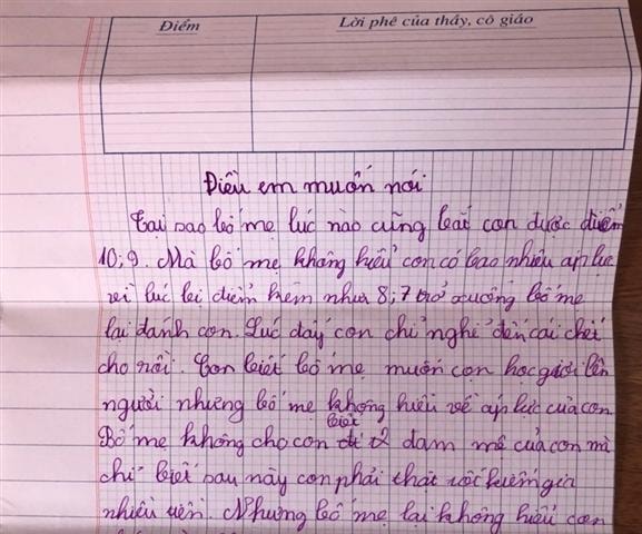 Cậu bé lớp 4 viết thư phản đối áp lực điểm 10 khiến cha mẹ lặng người