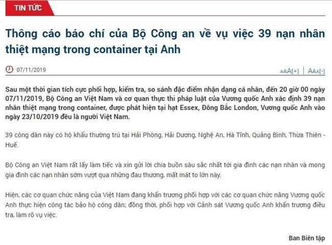 Bộ Công an: 39 nạn nhân thiệt mạng trong container ở Anh đều là người Việt Nam