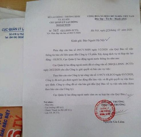 Cục Quản lý lao động Ngoài nước phản hồi báo Người Hà Nội về vụ Công ty XKLĐ Oleco