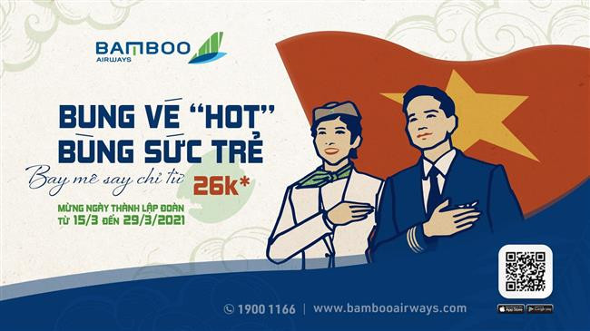 Thêm ưu đãi vé bay ''khủng'' mừng tháng Thanh niên từ Bamboo Airways Bùng nổ ưu đãi tháng Ba, Bamboo Airways tung vé bay 26.000 đồng