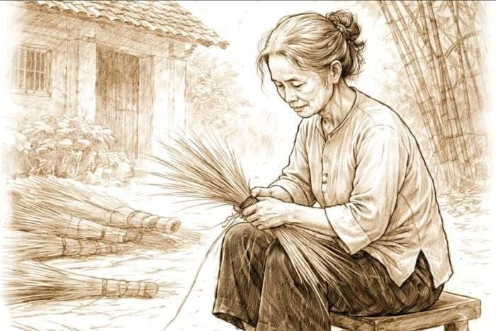 Dáng mẹ nghiêng nghiêng trong chiều đan chổi